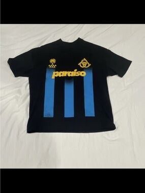 ASOS Black Short Sleeve Tee with Blue Stripes and Yellow 'paraiso' Logo